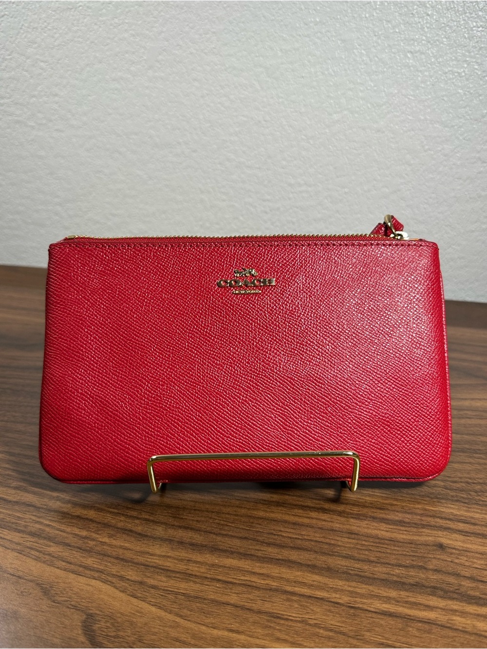 Coach Red Leather Zip Wristlet Clutch with Gold Hardware